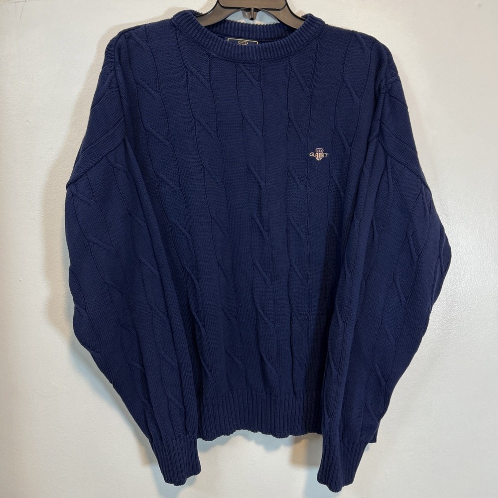 Gant Men 2X Sweater Navy Cable Knit Crew Neck Classic Cotton 6355